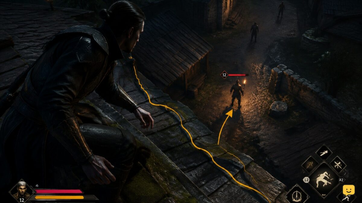 Coen overlooking enemies from a rooftop while preparing a vampire attack in The Blood of Dawnwalker