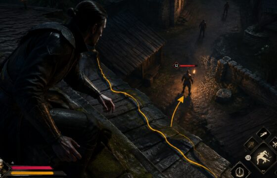 Coen overlooking enemies from a rooftop while preparing a vampire attack in The Blood of Dawnwalker