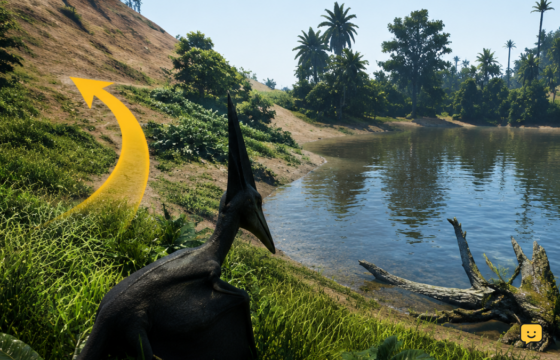 Dinosaur pausing in foliage above a riverbank in The Isle Evrima before drinking
