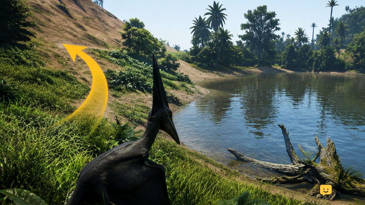 Dinosaur pausing in foliage above a riverbank in The Isle Evrima before drinking