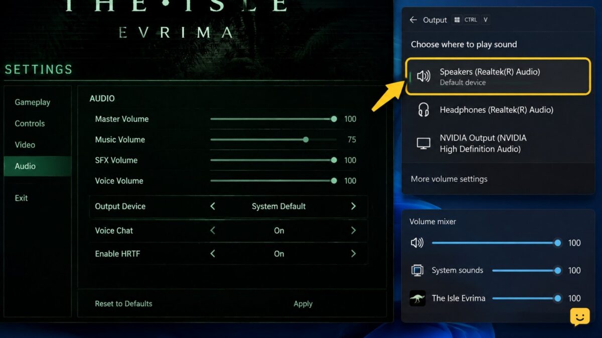 The Isle Evrima audio troubleshooting view with game settings and Windows output device controls