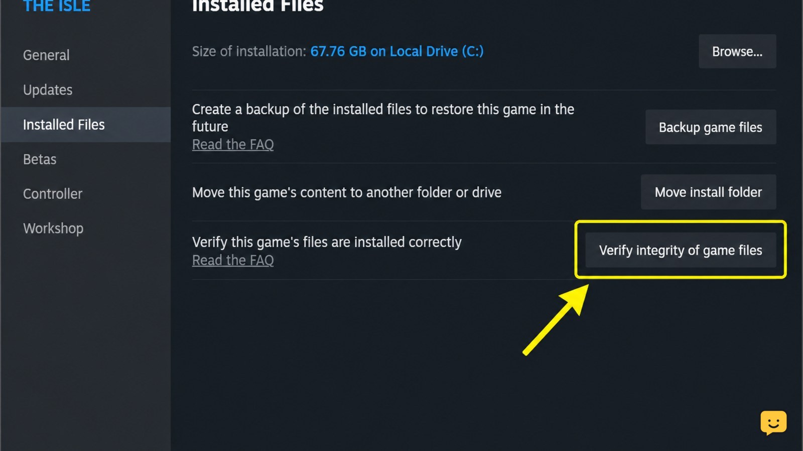 Steam Installed Files page for The Isle with Verify integrity of game files highlighted