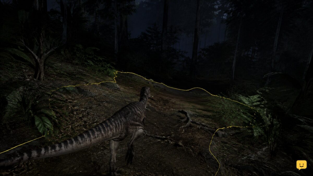 A dinosaur moving through a dark Evrima forest with nearby ground and foliage still visible