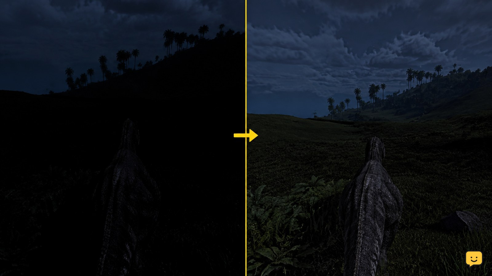 Side-by-side Evrima visibility comparison showing crushed shadows beside balanced dark-scene detail