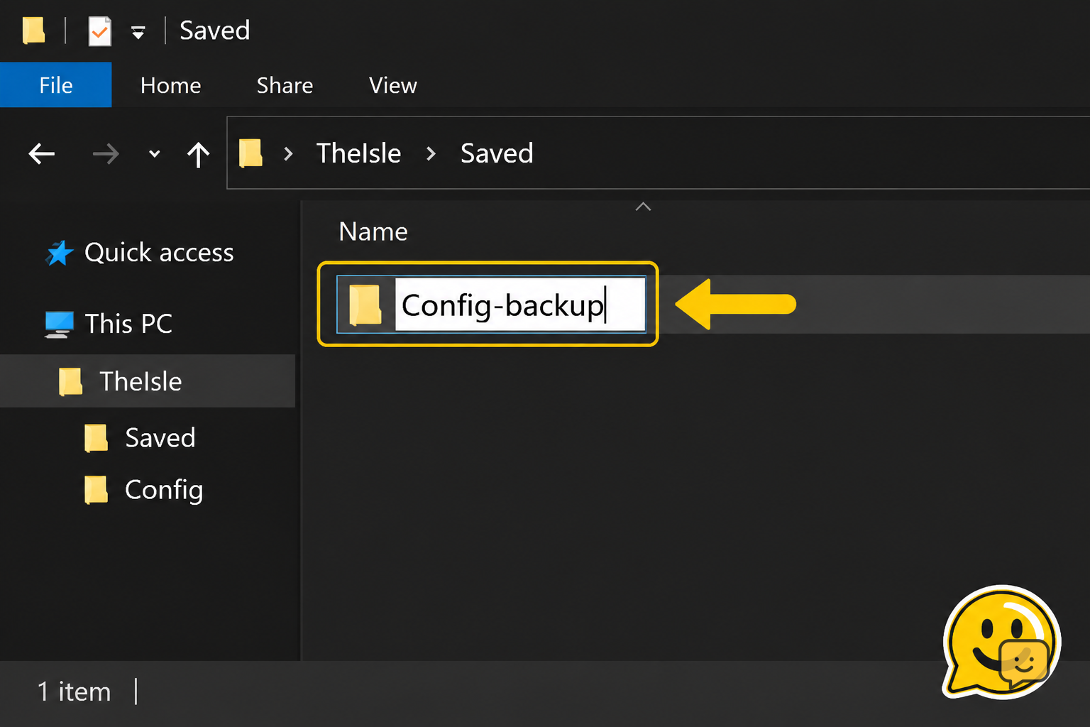 Windows File Explorer showing TheIsle Saved folder with the Config folder selected for renaming to Config-backup.