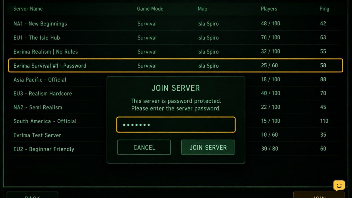 The Isle Evrima server browser showing a selected password-protected server and join prompt