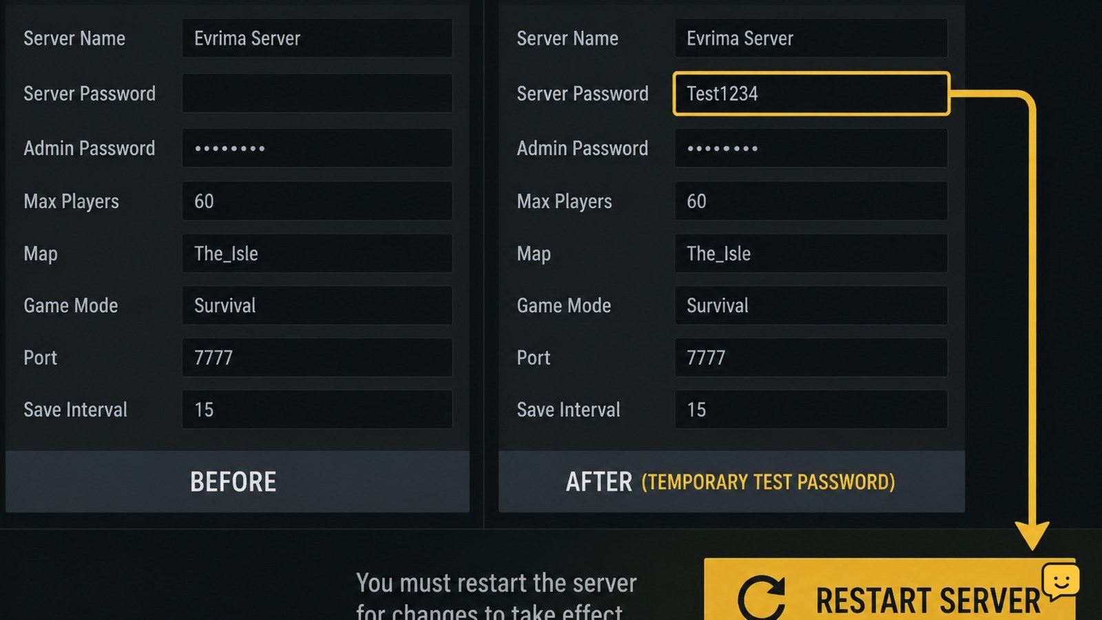 Dedicated server configuration password field prepared for a controlled temporary test before restarting