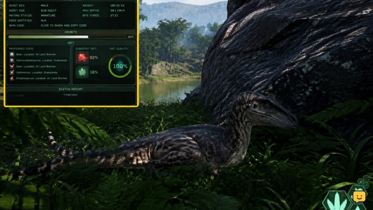 The Isle Evrima dinosaur resting safely while its growth and diet interface is checked