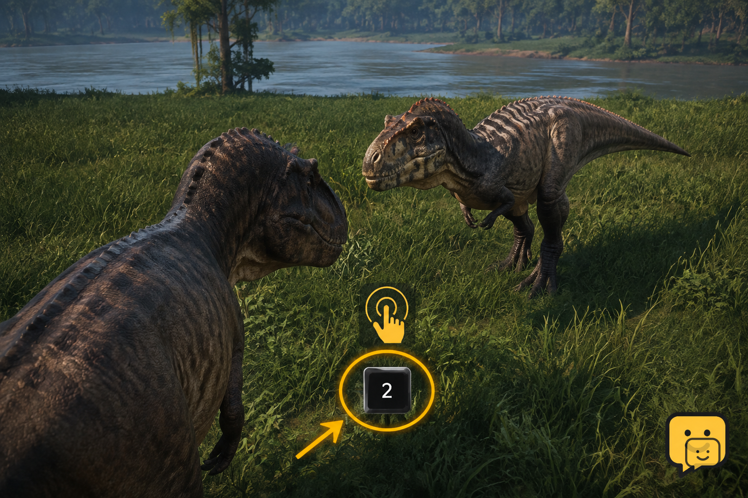 Two nearby dinosaurs in The Isle Evrima with a hold 2 group invite instruction