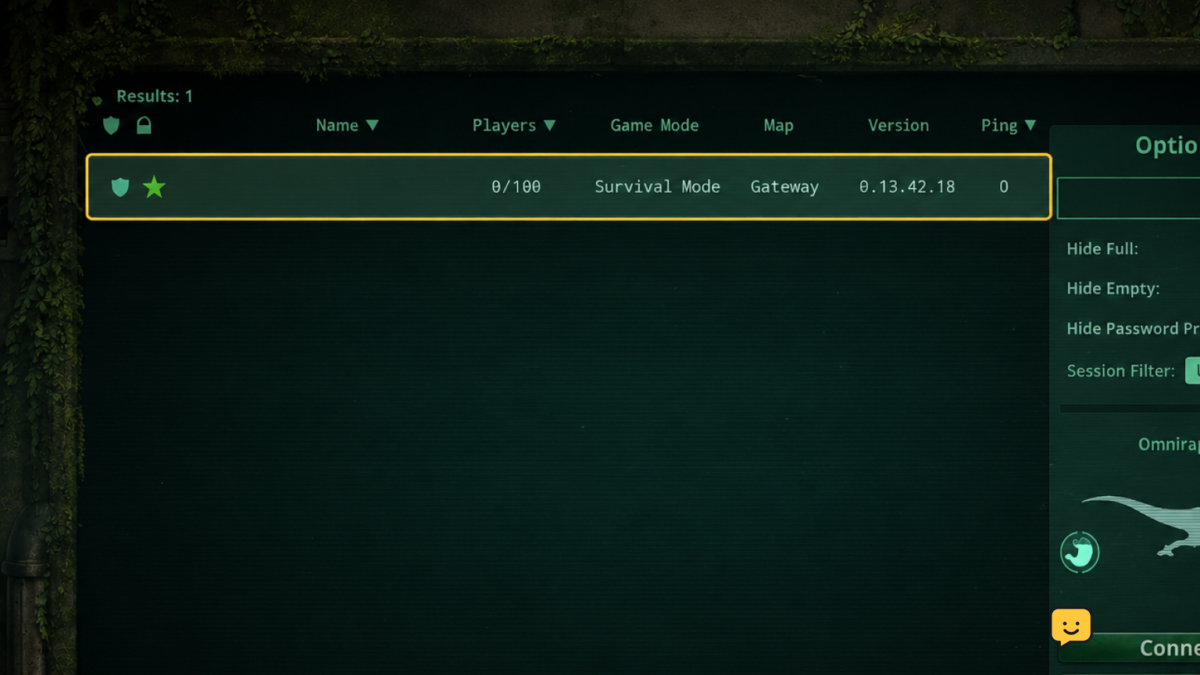 The Isle Evrima server browser with one matching server highlighted for two players