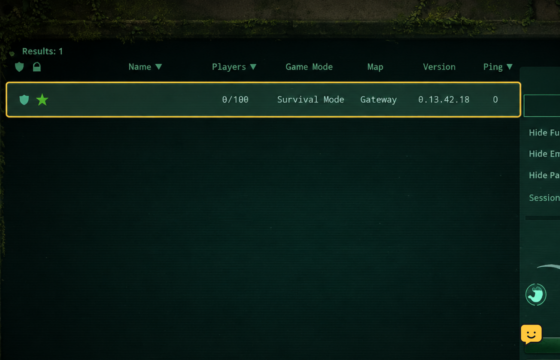 The Isle Evrima server browser with one matching server highlighted for two players