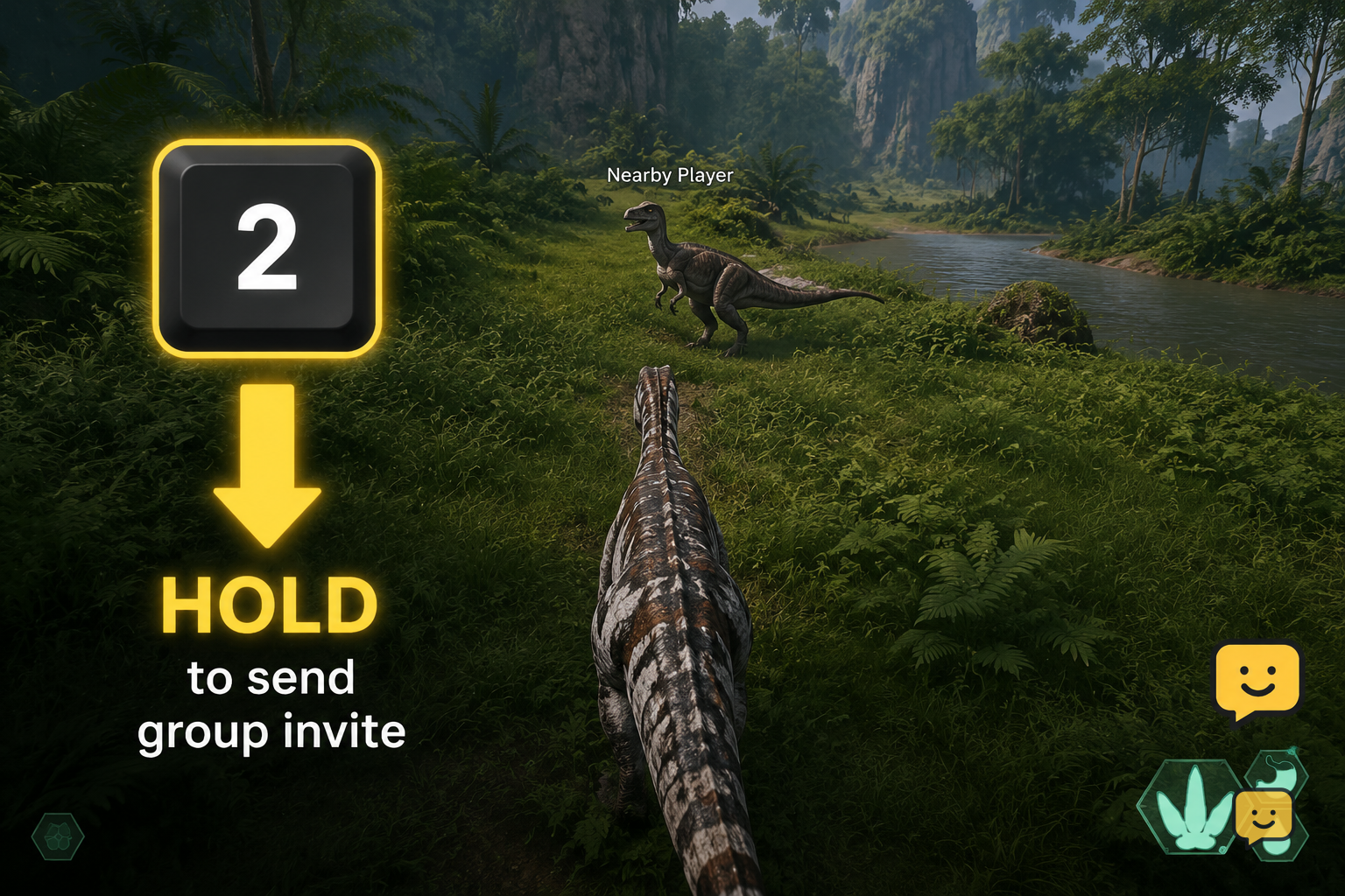 The Isle Evrima gameplay view with the 2 key highlighted as a hold action near another dinosaur.
