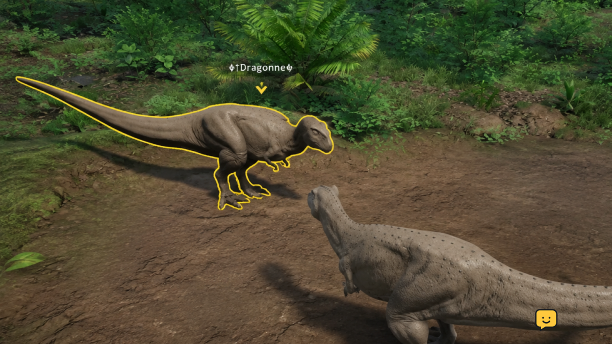 Two dinosaurs facing each other in an open area in The Isle Evrima before grouping.