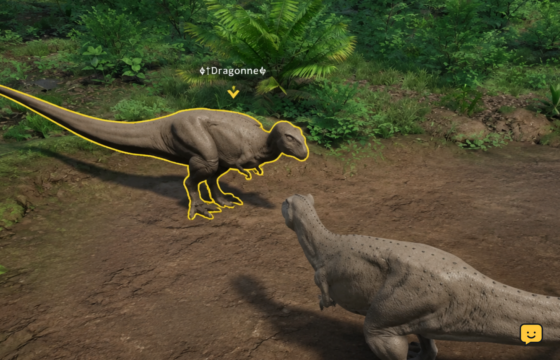 Two dinosaurs facing each other in an open area in The Isle Evrima before grouping.