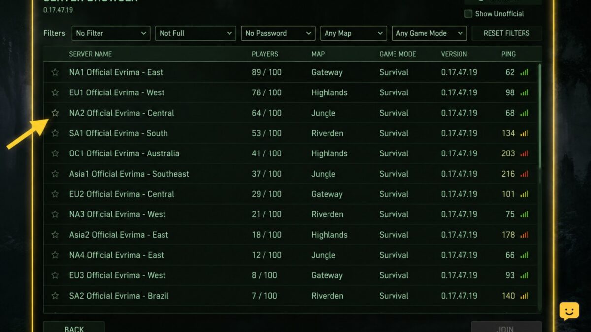 The Isle Evrima server browser showing a populated list with filters visible