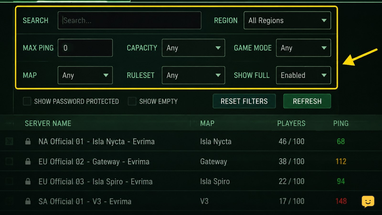 The Isle Evrima server browser with search and region filters cleared