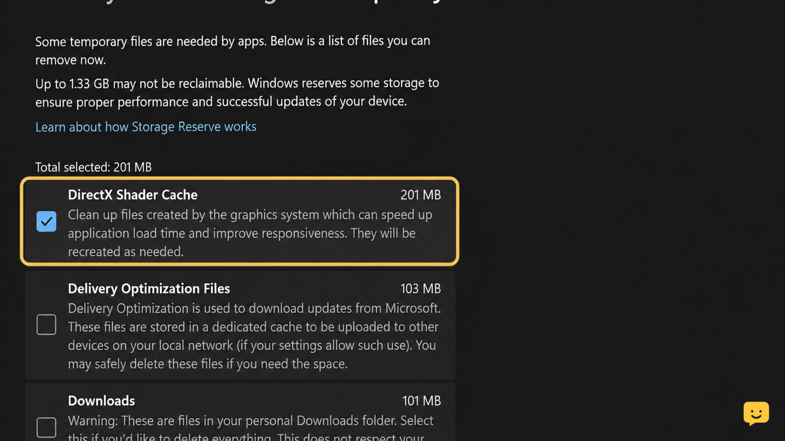 Windows storage cleanup screen with DirectX Shader Cache selected