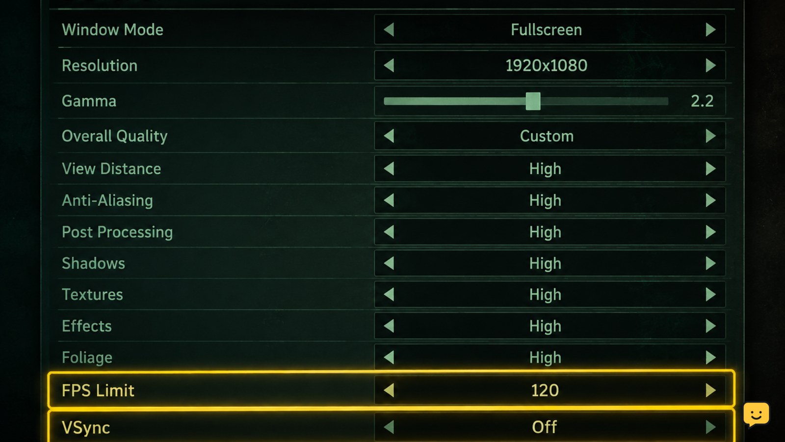 The Isle Evrima graphics settings showing FPS limit and VSync controls