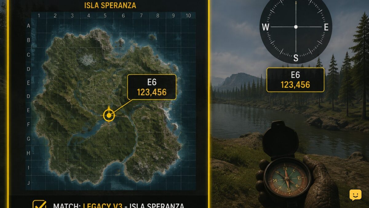The Isle Legacy map with a coordinate marker checked against an in-game compass and landmarks