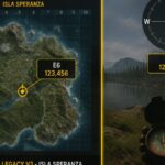 The Isle Legacy map with a coordinate marker checked against an in-game compass and landmarks