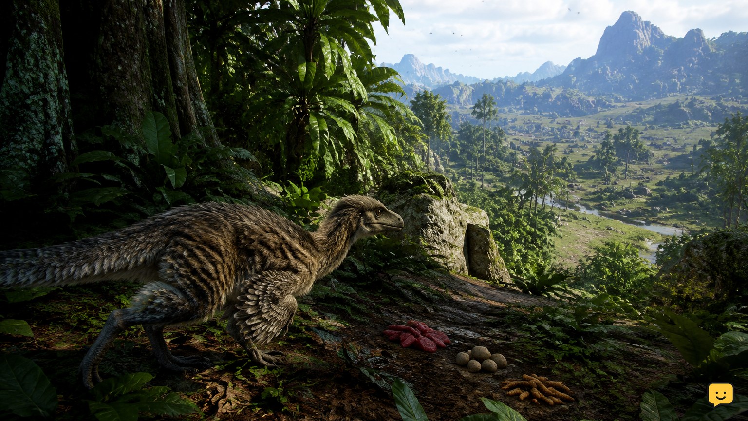 Juvenile dinosaur leaving a forest sanctuary toward a migration valley in The Isle Evrima
