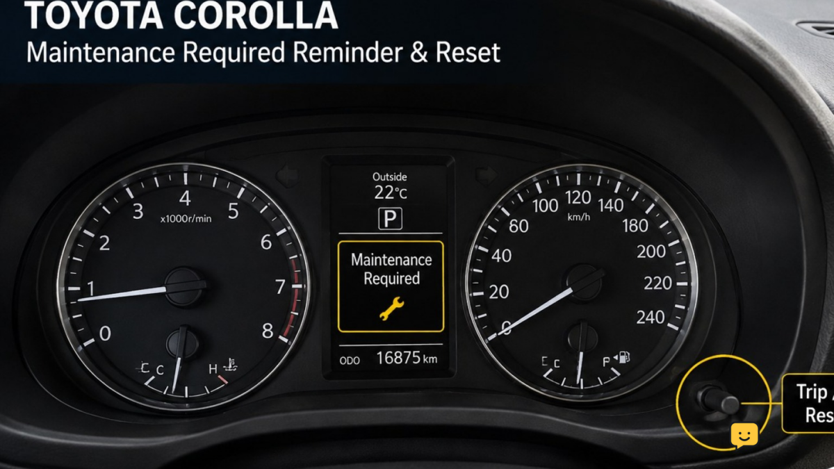 Toyota Corolla instrument cluster showing the maintenance required reminder and trip reset control