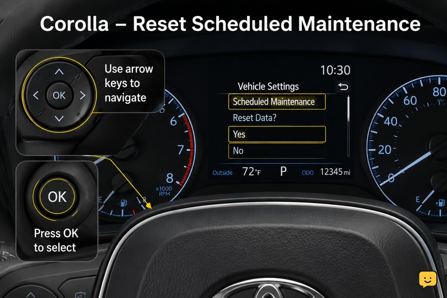 Toyota Corolla multi-information display open to the scheduled maintenance reset option