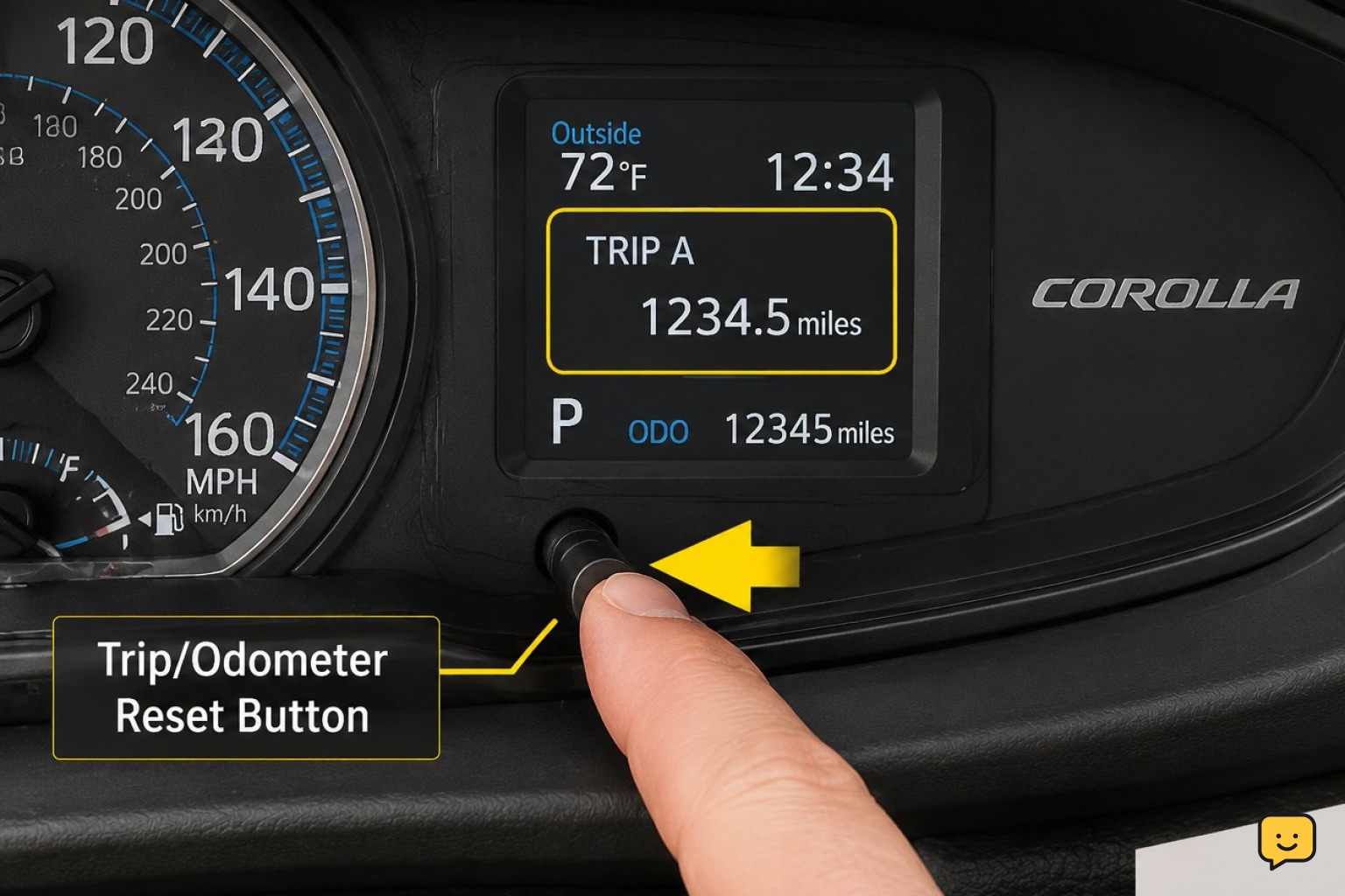 Finger holding the Toyota Corolla trip reset button while Trip A is selected