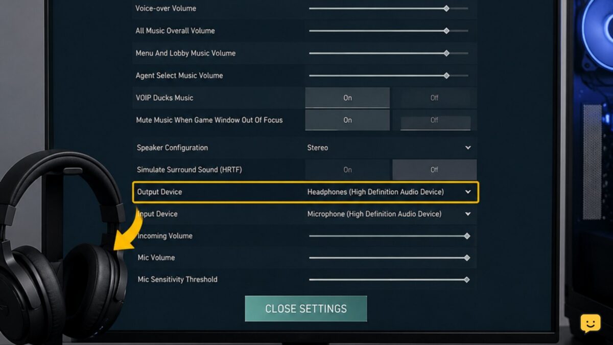 Headphones selected as the output device for VALORANT on a Windows PC