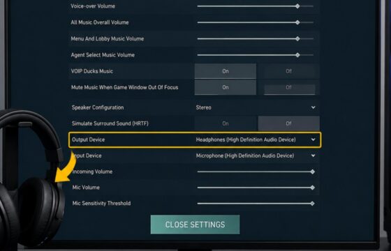 Headphones selected as the output device for VALORANT on a Windows PC