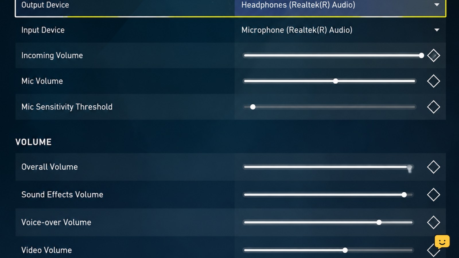 VALORANT Audio settings showing Device Settings and headphones selected