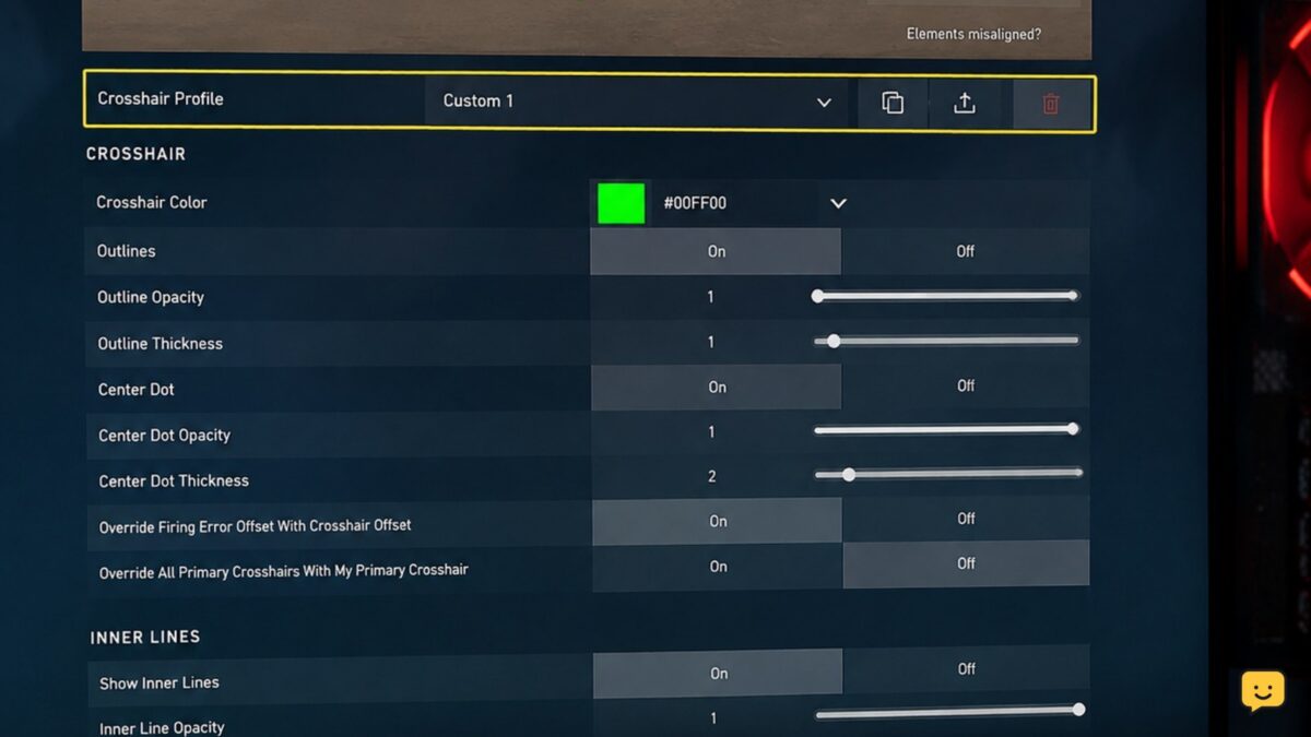 VALORANT Crosshair settings page showing a visible high-contrast crosshair profile