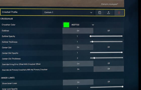 VALORANT Crosshair settings page showing a visible high-contrast crosshair profile
