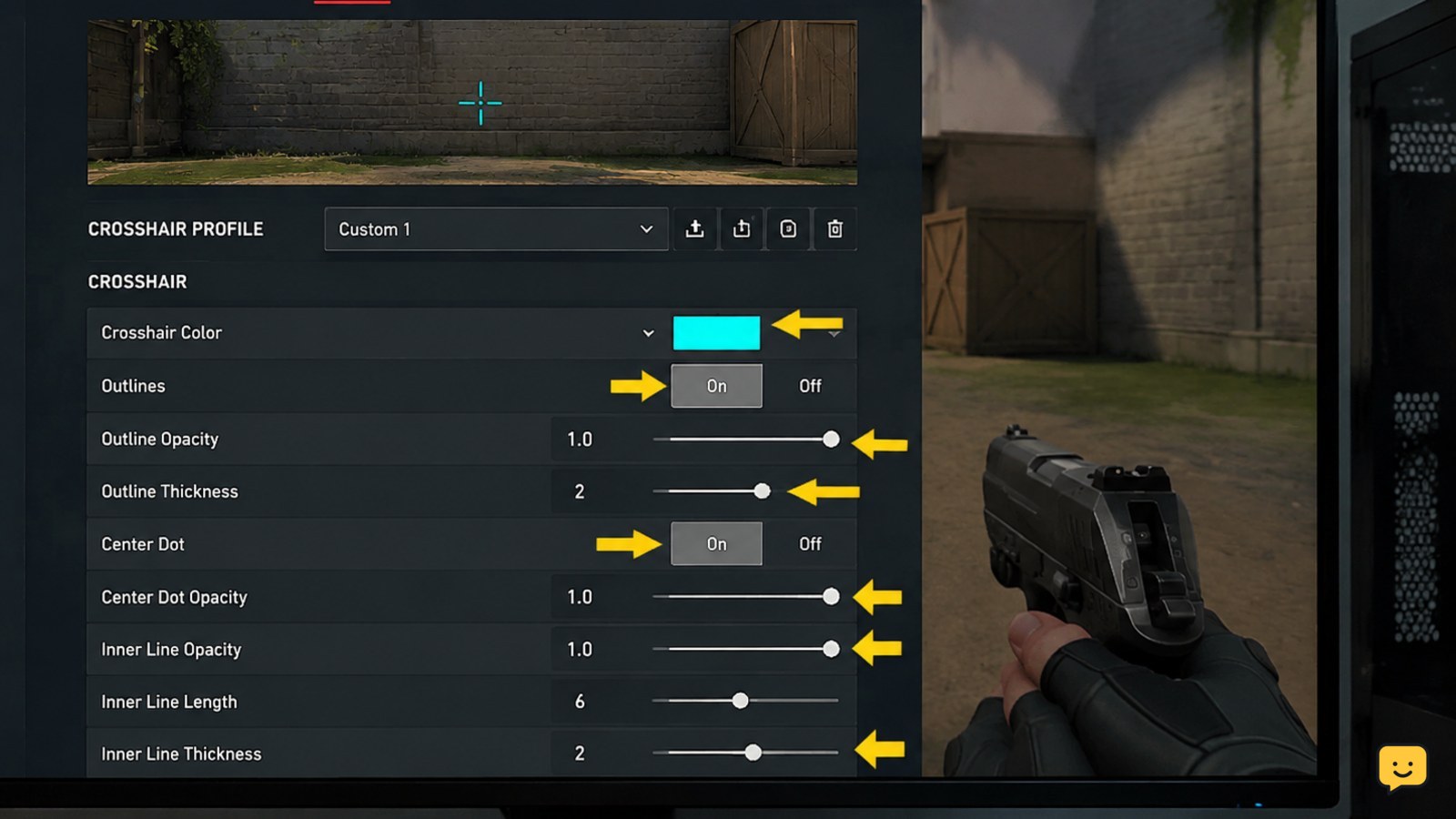 VALORANT crosshair controls highlighting color, outlines, inner-line opacity, thickness, and center dot
