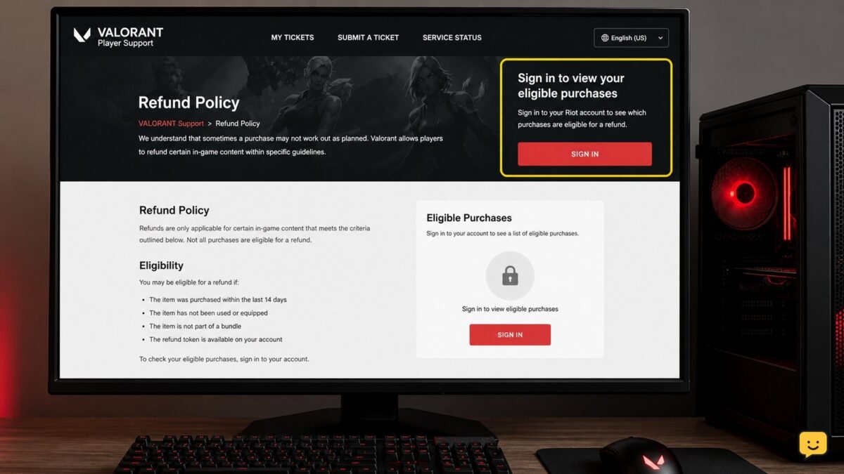 Riot VALORANT Player Support refund page with the sign-in and eligible-purchase area visible