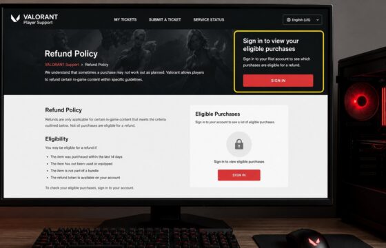 Riot VALORANT Player Support refund page with the sign-in and eligible-purchase area visible
