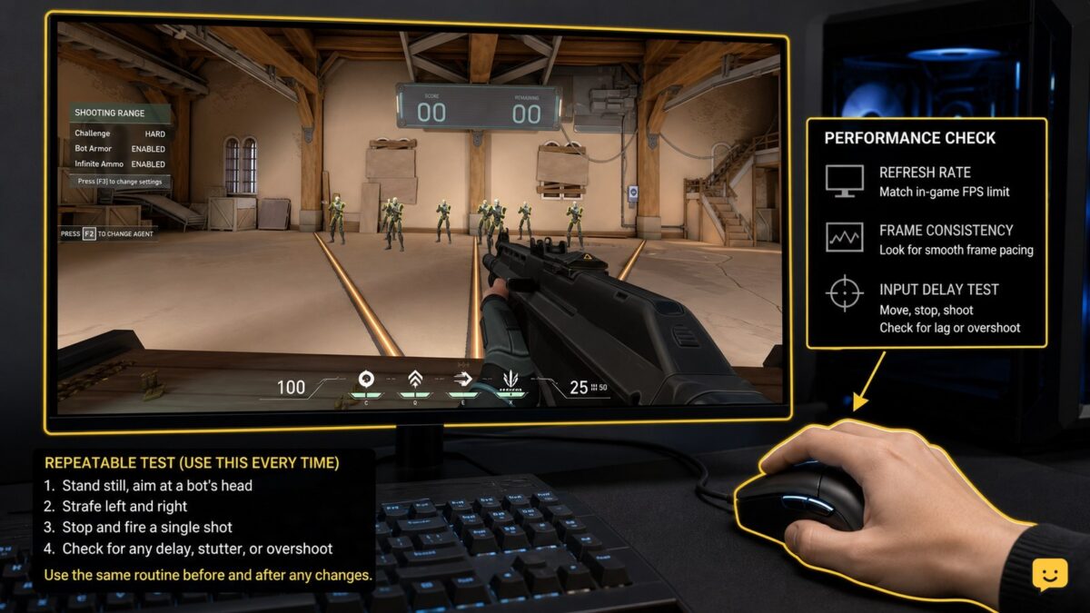 VALORANT practice range setup for diagnosing mouse input delay