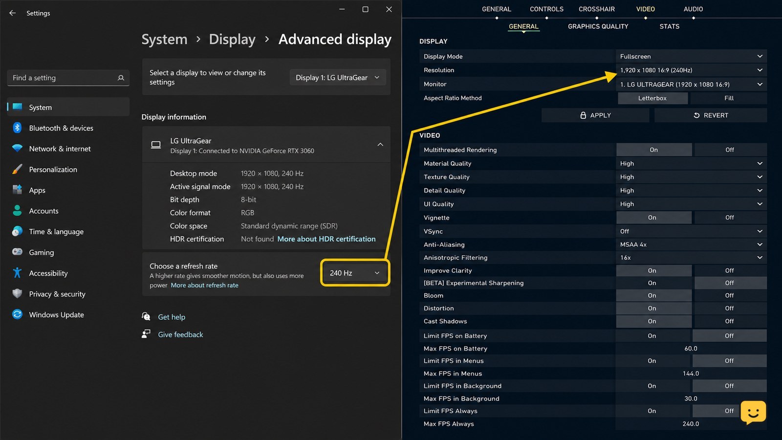 Windows Advanced display refresh-rate setting beside VALORANT video settings