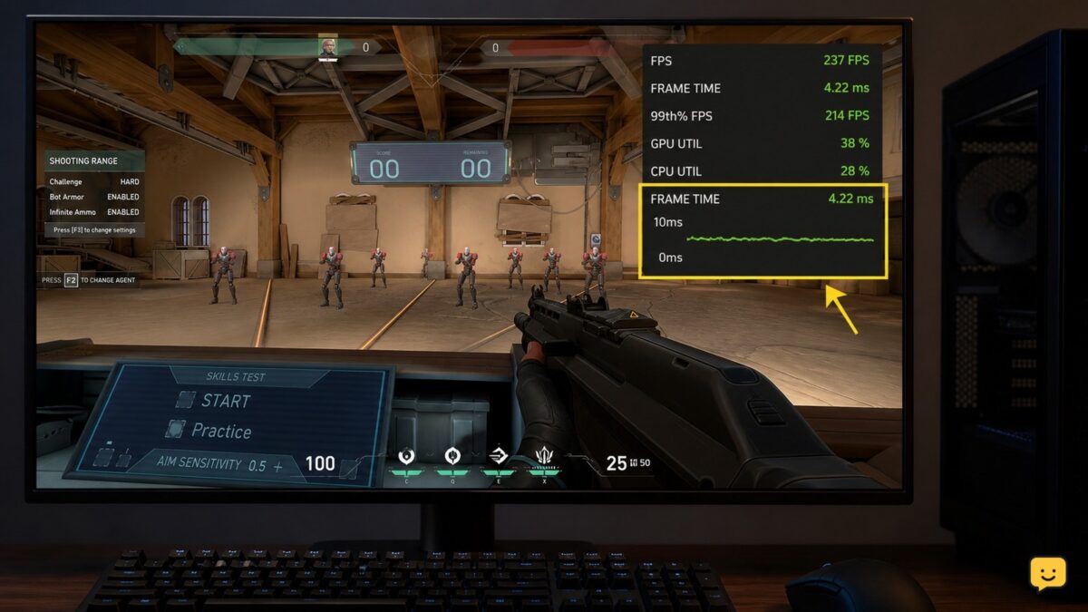 VALORANT practice range with a stable FPS and frame-time graph visible on a PC monitor