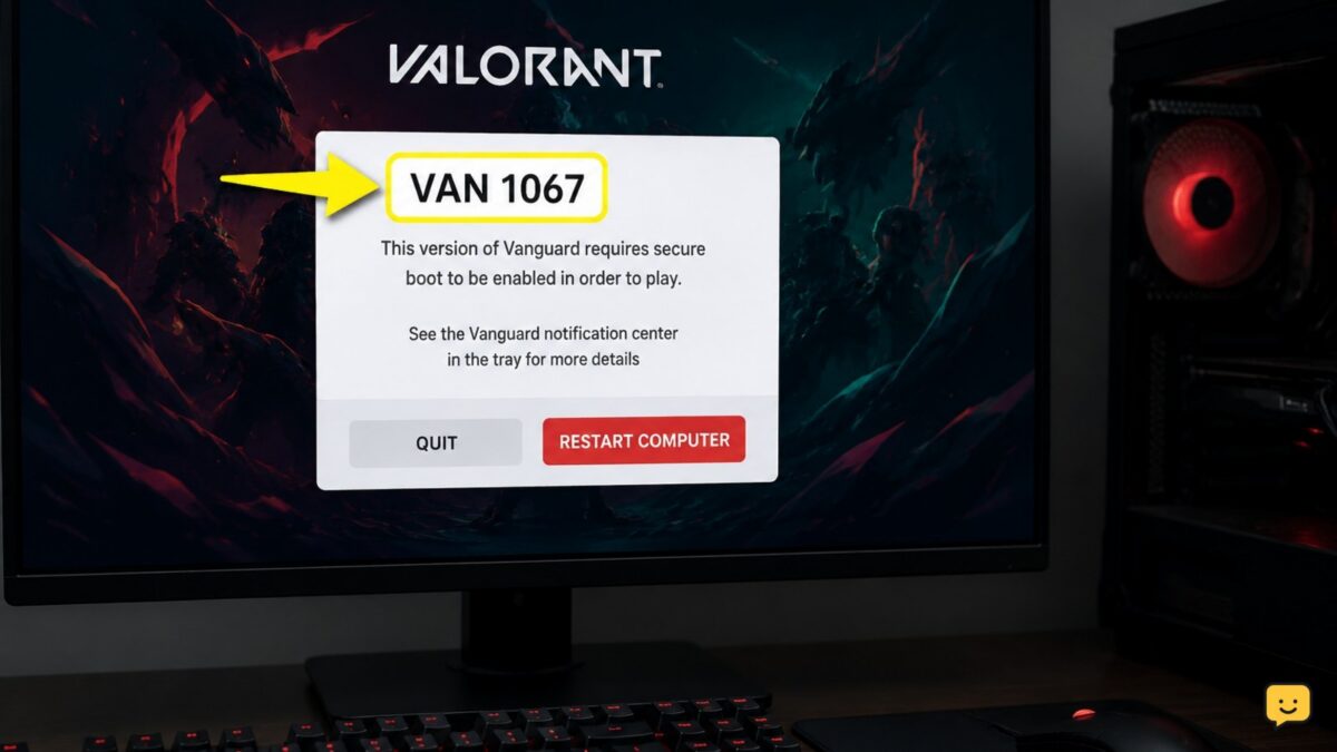 Valorant VAN 1067 error dialog appearing after the game launches on a Windows PC