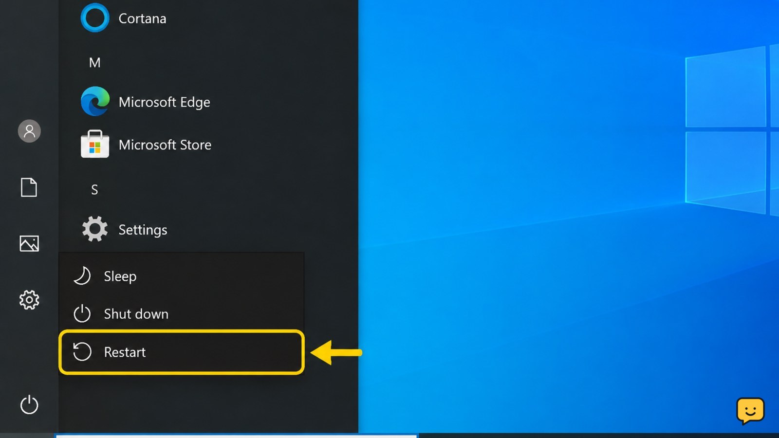 Windows power menu with the Restart option clearly indicated