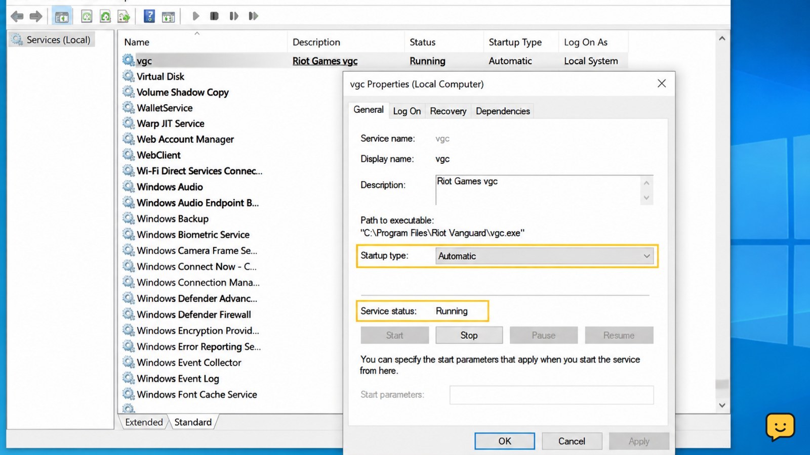Windows Services properties for vgc showing Automatic startup and Running status