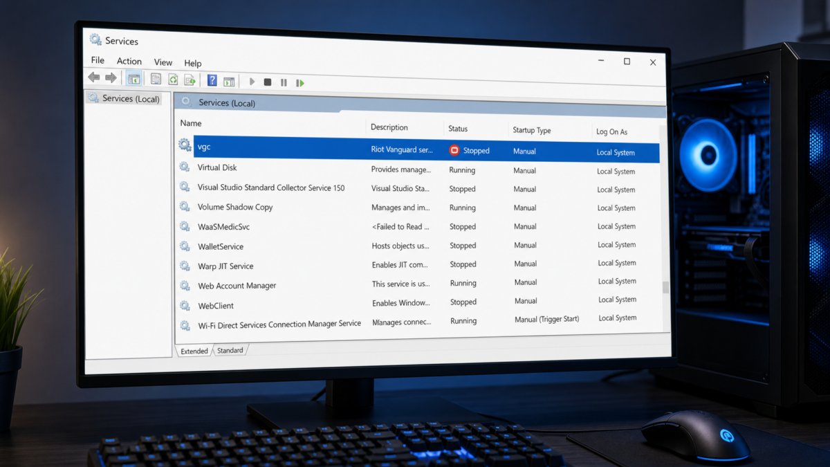Windows Services console showing the vgc service stopped on a gaming PC