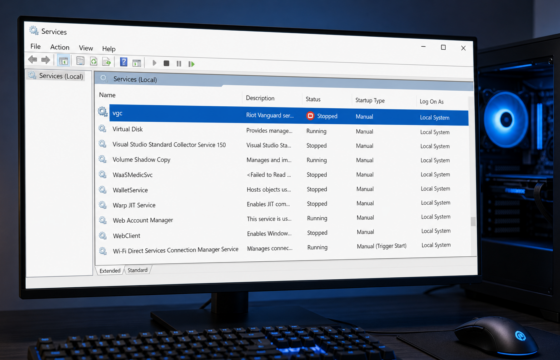 Windows Services console showing the vgc service stopped on a gaming PC