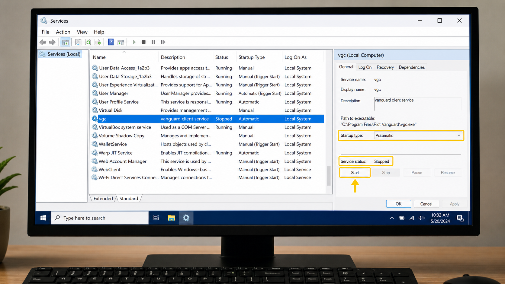 Windows Services properties showing vgc set to Automatic with the Start button highlighted