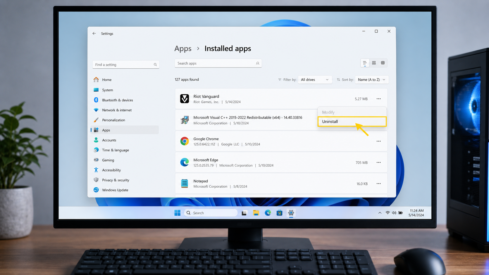 Windows 11 Installed apps showing Riot Vanguard with Uninstall highlighted
