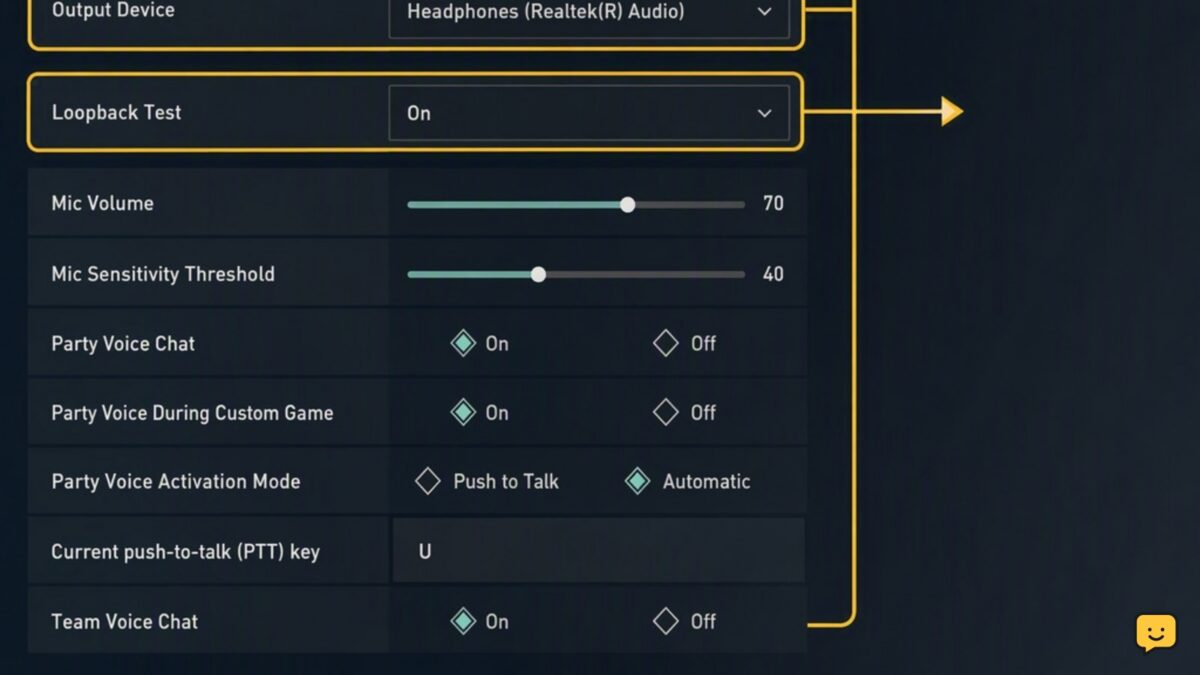 Valorant Voice Chat settings with input, output and loopback controls highlighted