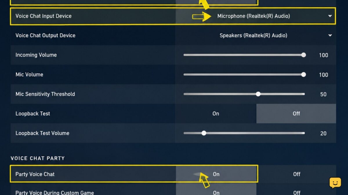 Valorant Voice Chat settings showing Team Voice Chat enabled and a selected microphone