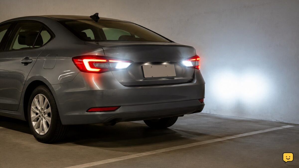 Car parked safely with both white reverse lights illuminated at the rear