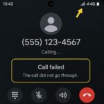 Android phone showing a failed outgoing call with a visible cellular signal indicator